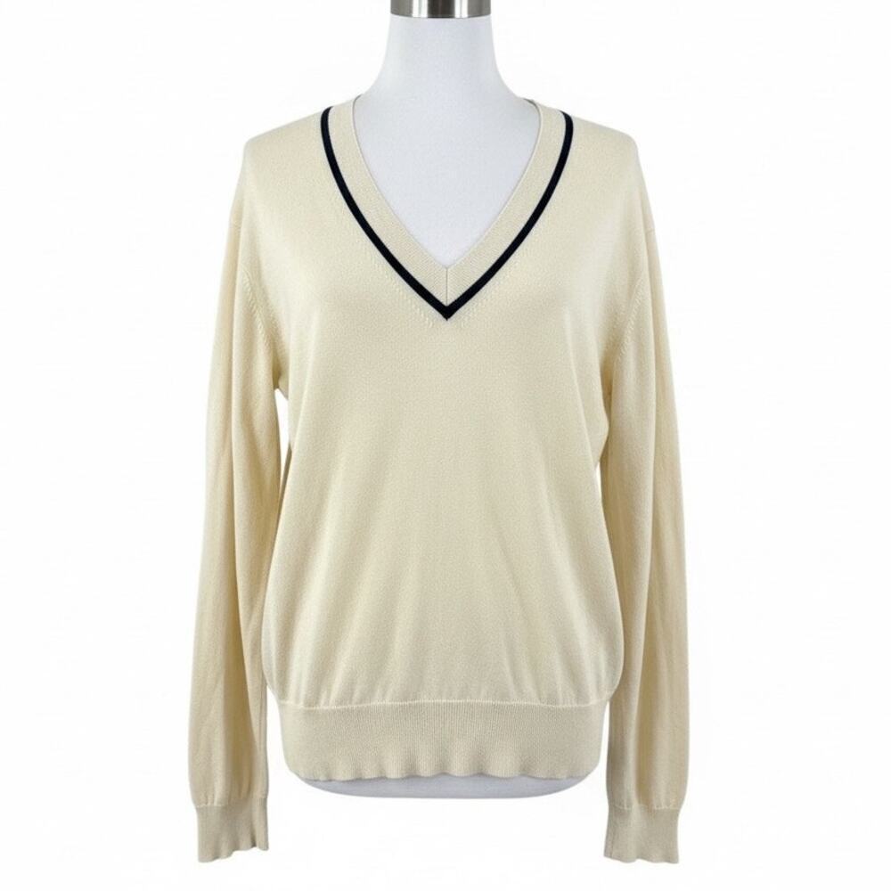 J.Crew V Neck Sweater Large Cream Cotton Preppy Lightweight Navy Trim Academia
